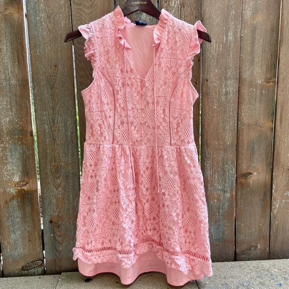 DISNEY Girls Pink Floral Lace Ruffle Mini Dress Beauty Beast Size Large - Picture 1 of 12